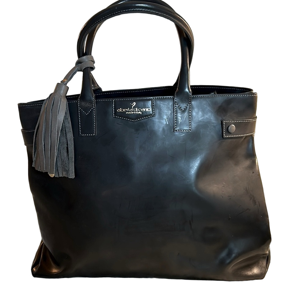 Alberta Di Canio gray leather tote.Approx. 17”wide 14.5 tall expanding width 6”.